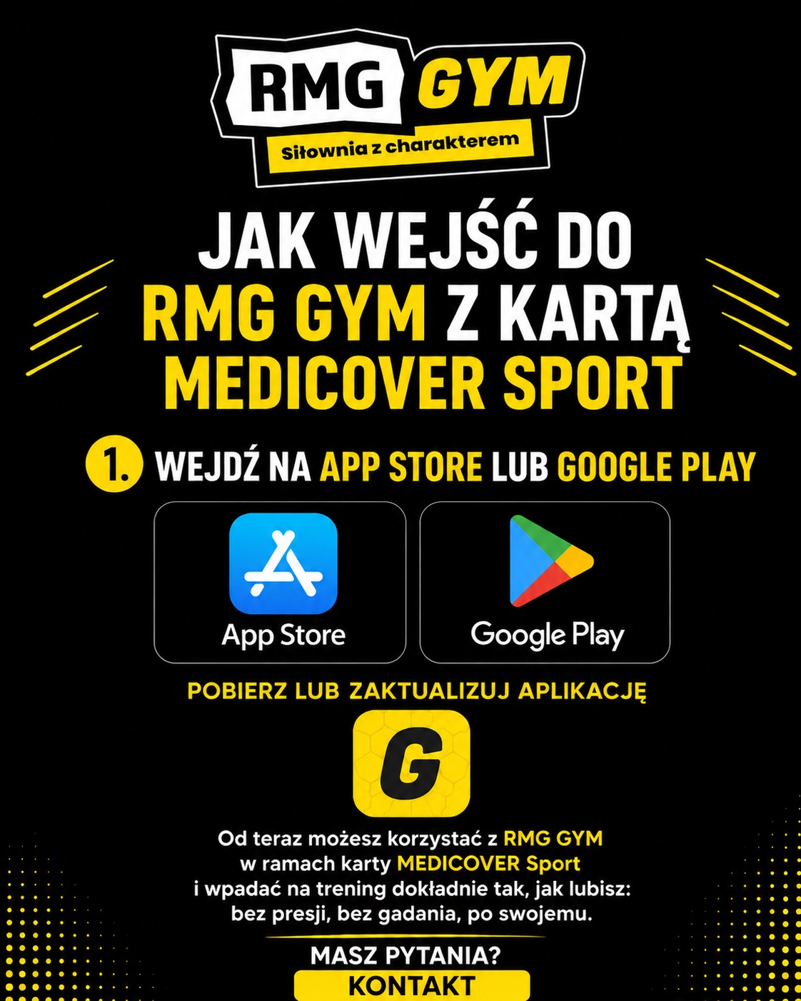 Jak wejść do RMG GYM z kartą Medicover Sport — pobierz lub zaktualizuj aplikację RMG GYM z App Store lub Google Play