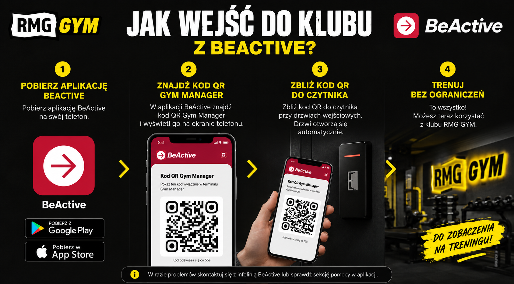 Jak wejść do RMG GYM z kartą BeActive - pobierz aplikację BeActive z App Store lub Google Play